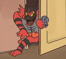 a cartoon cat is peeking out of a door and holding a gun .