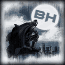 a black and white photo of a man with a cape and a speech bubble that says bh on it