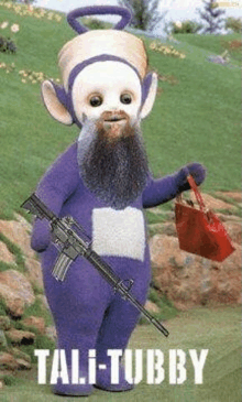 a purple teletubbies with a beard is holding a gun and a bag .