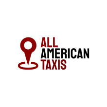 a logo for all american taxis has a pin on it