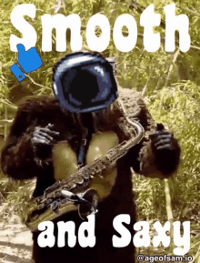 a picture of a bear playing a saxophone with the words smooth and saxy