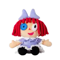 a stuffed doll with red hair and a button on her eye