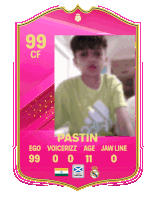 a pink card with a picture of a boy and the number 99 on it