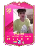 a pink card with a picture of a boy and the number 99 on it