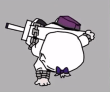 a cartoon character is kneeling down and holding a sword and a book .