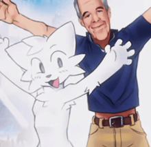 a man in a blue shirt is holding a white cat