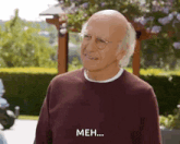 an older man wearing glasses and a maroon sweater says meh