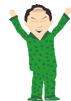 a cartoon man in green pajamas with shamrocks on them