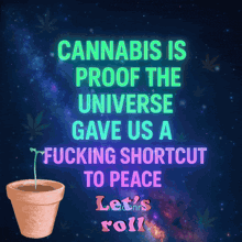 a poster that says cannabis is proof that the universe gave us a fucking shortcut to peace