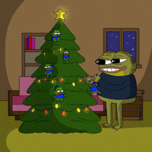 a cartoon of a man decorating a christmas tree with frogs