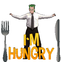 a man with green hair is standing next to a fork and knife with the words i 'm hungry behind him