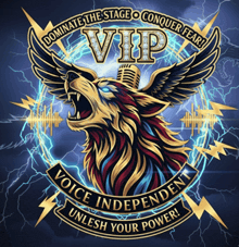 a wolf with wings and a microphone is surrounded by lightning and the words voice independent unleash your power