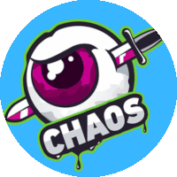 a logo for chaos has a cartoon eye with a knife in it