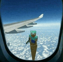 a minecraft character is holding a gun in a cone while flying in an airplane .