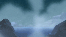 a painting of a landscape with a mountain and a body of water
