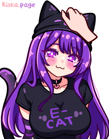 a drawing of a girl with purple hair wearing a black shirt that says e cat