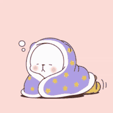 a cartoon of a bear wrapped in a purple blanket