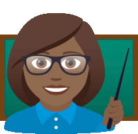 a woman wearing glasses and holding a pointer in front of a blackboard