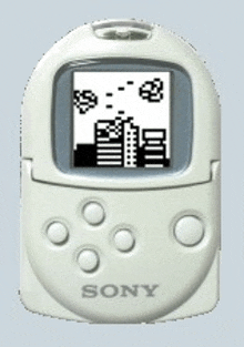 a white sony game controller with a screen showing buildings