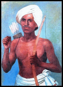 a man in a white turban is holding a bow and arrow