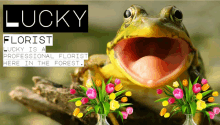 a picture of a frog with flowers and the words lucky