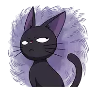 a black cat with purple ears looks angry