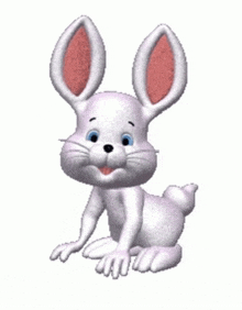 a white rabbit with pink ears is sitting down and smiling