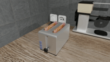 a silver toaster with two slices of bacon in it