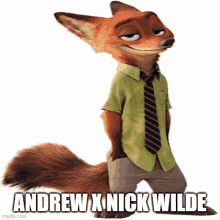 a cartoon fox wearing a green shirt and tie with the name andrew x nick wilde written below it