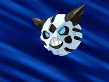 a cartoon character with blue eyes and black horns is on a blue background