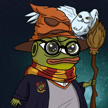 a cartoon of a frog dressed as harry potter holding a broom and an owl on his head