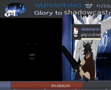 a picture of a man holding a sword with the words glory to shadowcast below him