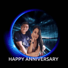 a man and woman are in a blue circle with the words happy anniversary