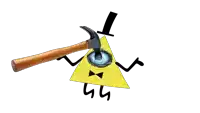 bill cipher from gravity falls is holding a hammer over his eye