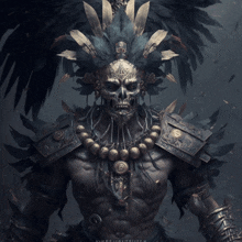 a statue of a warrior with a skull on his head and feathers on his head