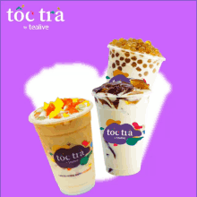 three cups of toc tra by tealive with different toppings