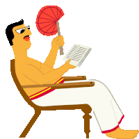 a cartoon of a man sitting in a chair reading a book and holding a fan