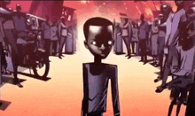 a cartoon of a boy standing in front of a crowd .