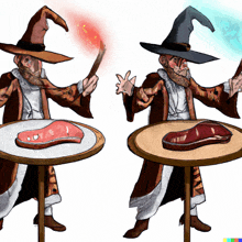 a cartoon of a wizard holding a wand next to a table with a piece of meat on it