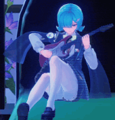 a girl with blue hair is playing a guitar in a video game