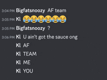 a screenshot of a text conversation between bigfatsnoozy af team and bigfatsnoozy