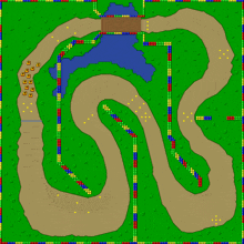 a cartoon drawing of a race track with a bridge in the distance