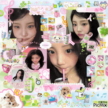 a girl with a straw in her mouth is surrounded by a collage of pictures
