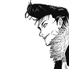 a black and white drawing of a man 's face with a scarf around his neck .