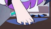 a close up of a cartoon character 's feet with purple nails