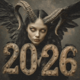 a woman with horns and wings holds the number 2026 in front of her