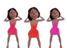 three women in pink dresses are dancing together with their faces on their heads