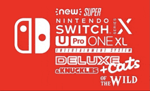 a red background with a nintendo switch logo surrounded by other words