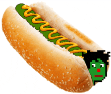 a hot dog with mustard on it and a pixelated face