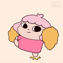 a cartoon drawing of a girl with pink hair and the words happy homies